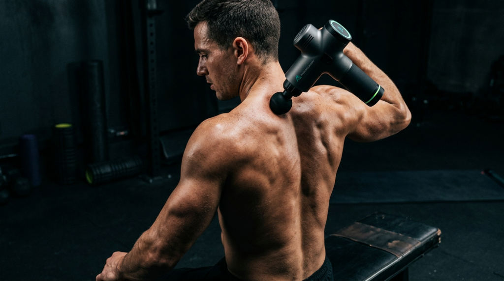 Deep-tissue massage gun used on the back and shoulder