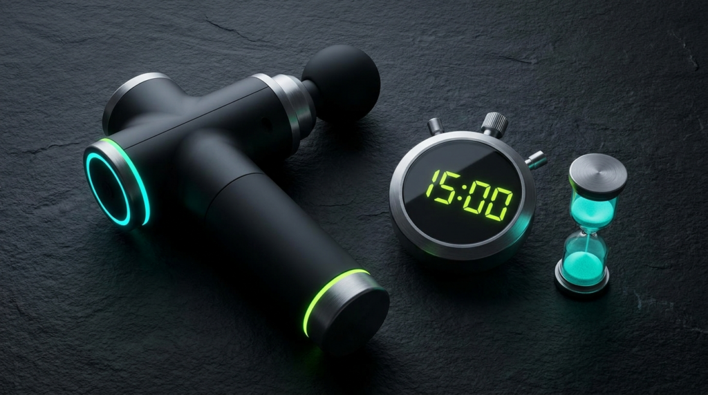 Massage gun beside a timer representing session length