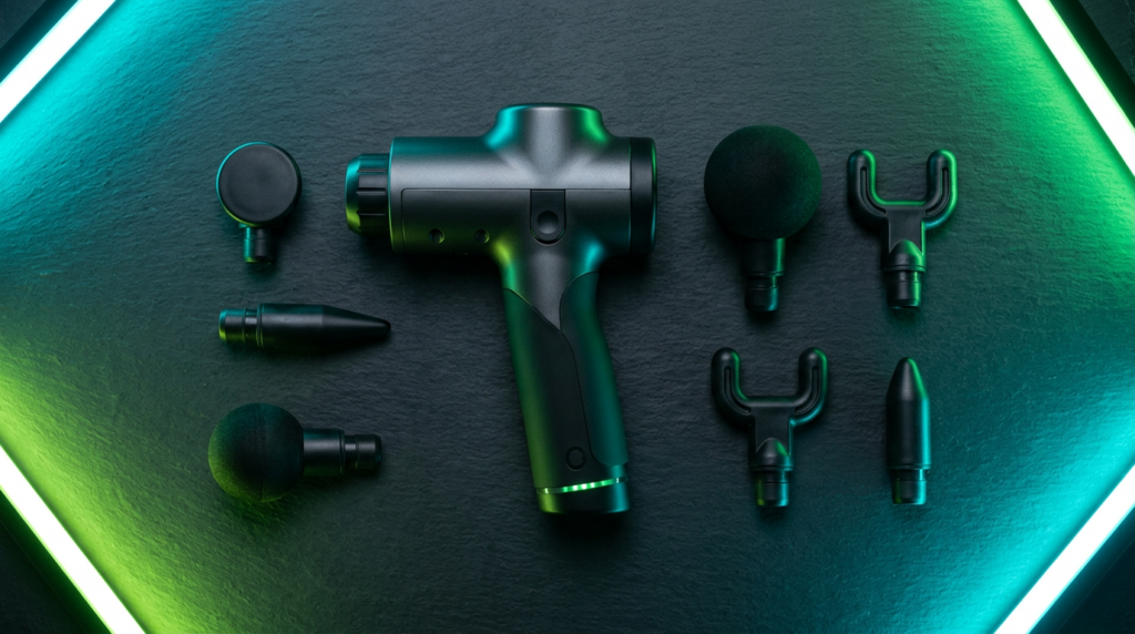 Massage gun with interchangeable attachment heads on a dark surface